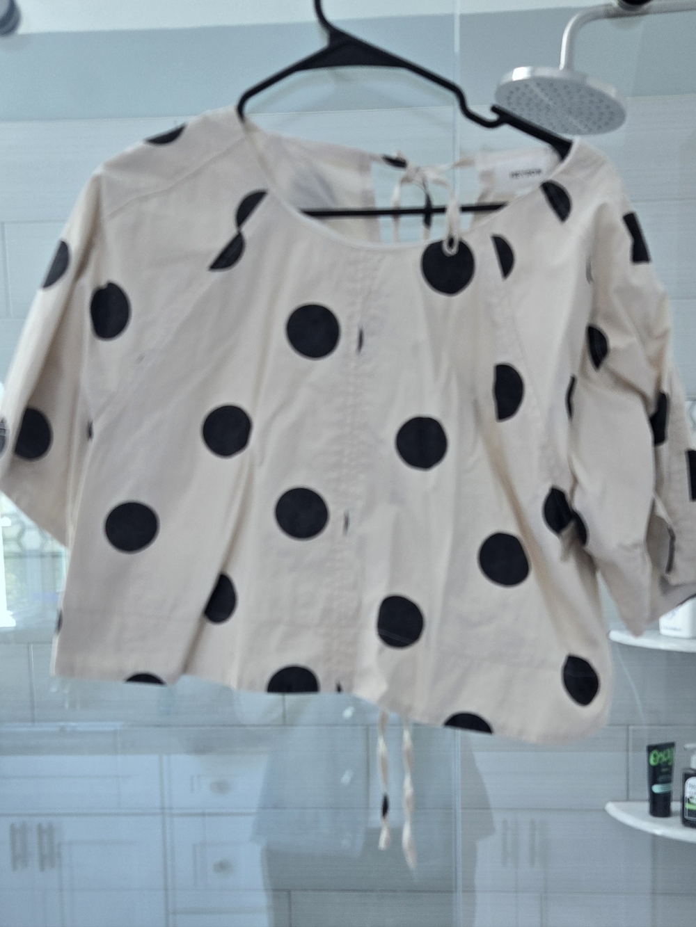 Polka Dot Tie-Back Blouse - Cream with Black Dots